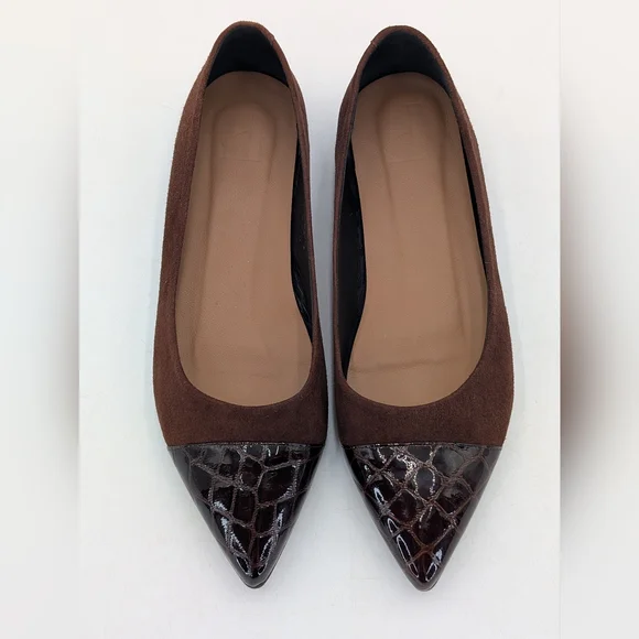 Flattered Studio Sz 6 Luxurious Suede & Croc-Embossed Brown Pointed Ballet Flats - Picture 12 of 17